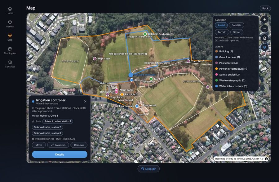 A property's map in Plotstead: pins, pipe runs and areas on an aerial photo