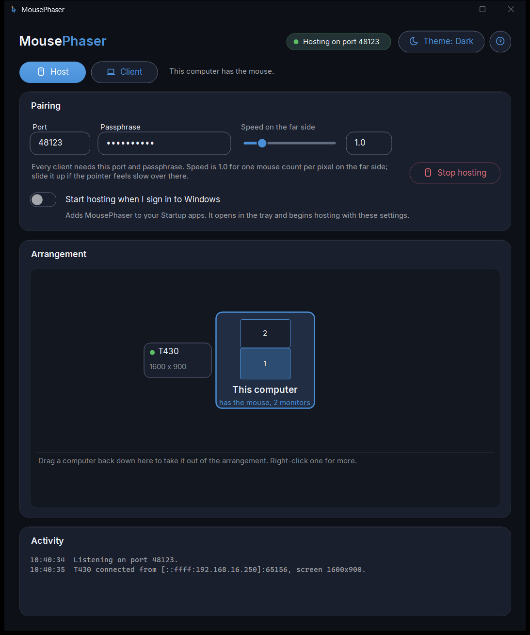 MousePhaser on Windows: the Pairing card, and the arrangement picture with a laptop placed to the left of this computer